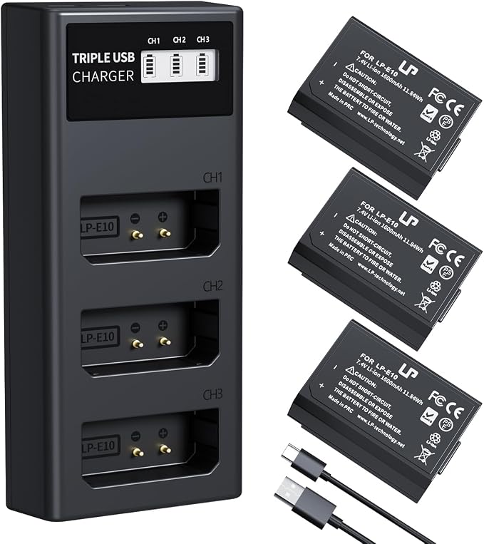 LP LP-E10 Battery Charger Pack, Triple Slot Charger, USB Battery Charger