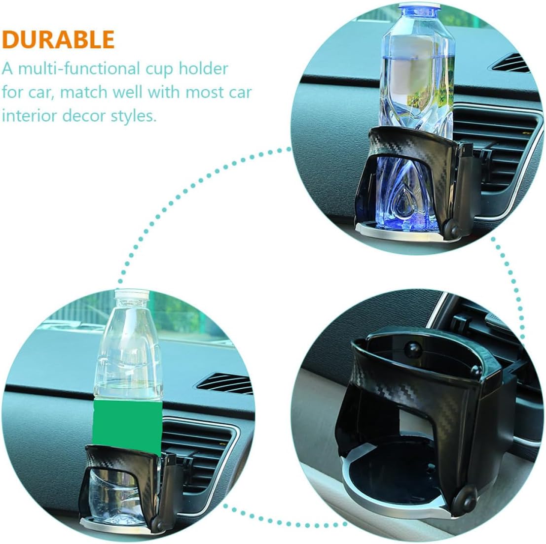 Car Air Vent Cup Holder with Carbon Fiber Finish, Multi-Functional Drink Holder Mount for Water Bottles and Phones, Clip-On Car Accessory for Vehicle Interior Organization