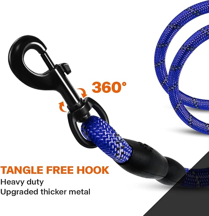 Taglory Rope Dog Leash 6 FT with Comfortable Padded Handle, Highly Reflective Threads Leash and Anti-Tangle Clip for Walking Medium Large Dogs, 1/2 inch, Navyblue