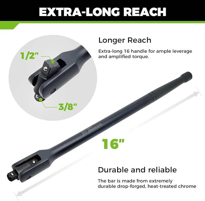 16-inch Dual Drive Breaker Bar, 3/8" & 1/2" Drive, Heavy Duty Breaker Bars with 360° Rotatable Head, Spring-loaded Detent Ball, Premium Chrome Vanadium Steel with Black Powder Coating