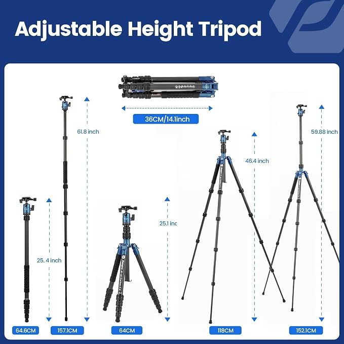 Fotopro 59" Carbon Fiber Travel Tripod Compact Camera Tripod