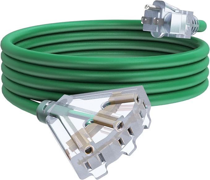 15Ft 12/3 Outdoor Extension Cord with 3-Outlets, Heavy Duty 12 Gauge 3 Prong Extension Cord Waterproof with Lighted end, 15A 12AWG 1875W SJTW, ETL Listed - Great for Garage, Garden and Home, Green