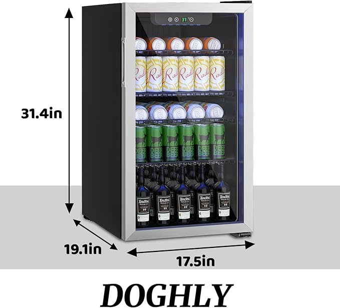 DOGHLY 3.2 Cu.ft Mini Fridge Glass Door, 126 Cans Beverage Refrigerator | Drink Fridge for Soda Beer Wine, Digital Temperature Control, Removable Shelf, Quiet Beverage Cooler for Office, Dorm, Bar