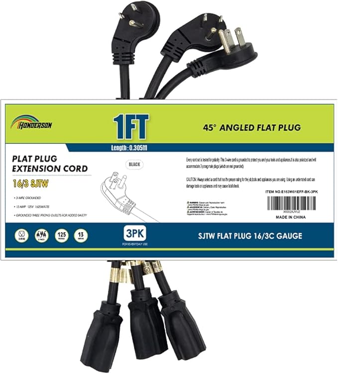 3 Pack Flat Plug Indoor Extension Cord, UL Certified, 16 Gauge 1FT Black 3 Prong Heavy Duty, 16/3 SJTW 13A Power Cord for Lights, Appliances, Home