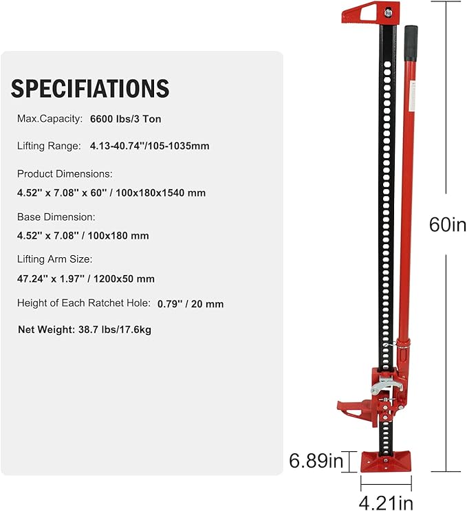 GarveeTech 3 T Farm Jack, 60 in Utility Farm Jack, 6600 LBS Capacity Ratcheting Off Road Utility Jack, Heavy-Duty Farm Jacks Foratv, Utv, SUV, Tractor, Truck, Universal Jack