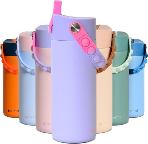 Elemental Insulated Kids Water Bottle - Leak-Proof Stainless Steel with Straw Lid & Pop-It Handle | 18oz Lilac Tie Dye