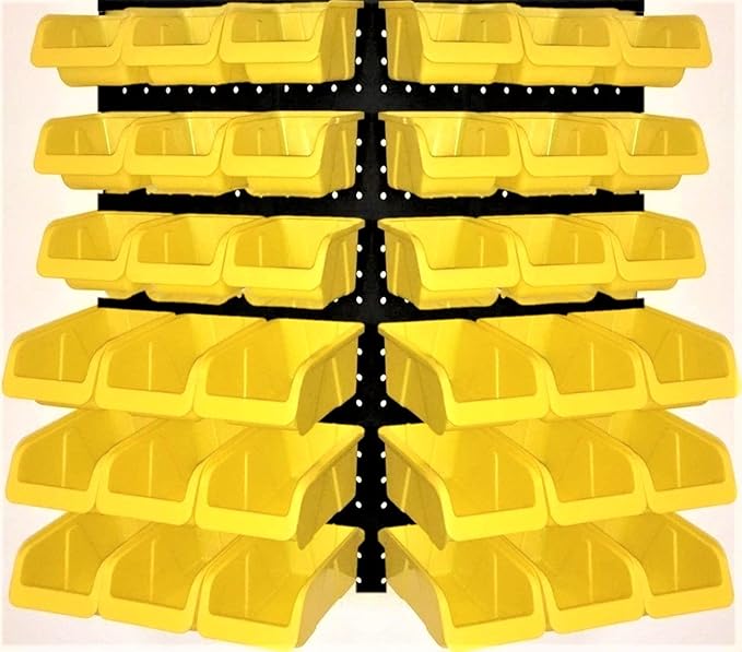 WALLPEG 36 Pack Pegboard Bin Kit – 18 Medium & 18 Large Yellow Peg Board Storage Bins | Parts Organizer for Garage, Workshop, Craft Room, Office & Workbench | Pegboard Accessory Organier | MADE IN USA
