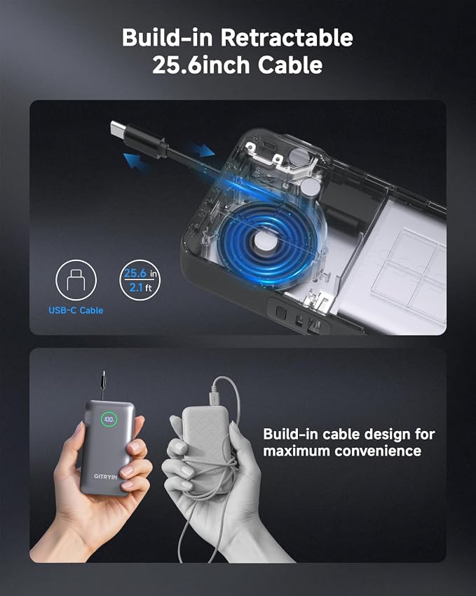 Portable Charger with Built in 25.6in Retractable Cable and Wall Plug, 10000mAh USB C Travel Power Bank, 35W Fast Charging Battery Pack Compatible with iPhone 16 15 14 13 Samsung Android Phone etc