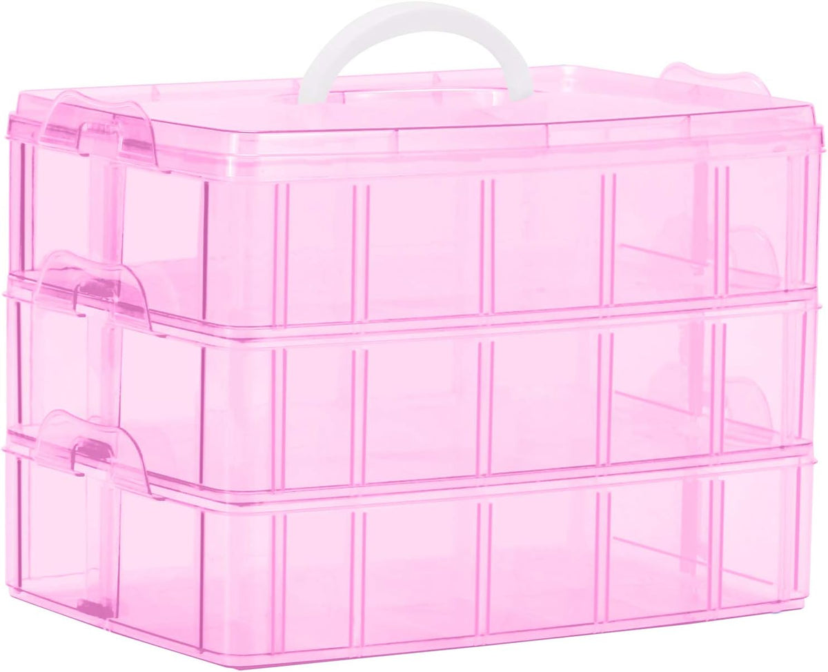 Sooyee Bead Organizer, 3-Tier Craft Organizers and Storage, Stackable Storage Containers with 30 Compartments Dividers for Washi Tape, Toy, Nail, Art Supplies, Fishing Tackle, Pink