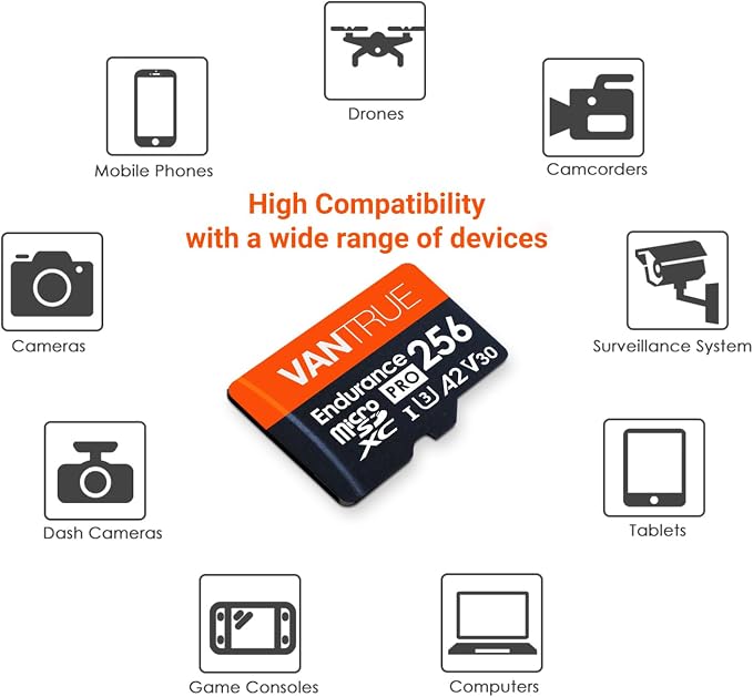 Vantrue 256GB microSDXC UHS-I U3 4K UHD Video High Speed Transfer Monitoring SD
