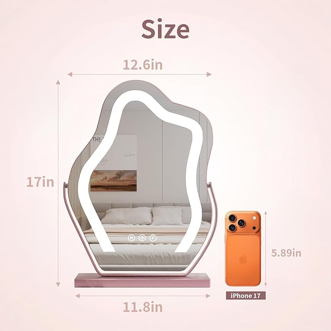 Makeup Mirror with Lights - 17″ Cloud Shaped Smart Touch 3-Color Dimmable 360° Rotation Memory Metal Frame Plug-in AC Power Tabletop Vanity Mirror Gift for Women Teen Girls Rosegold