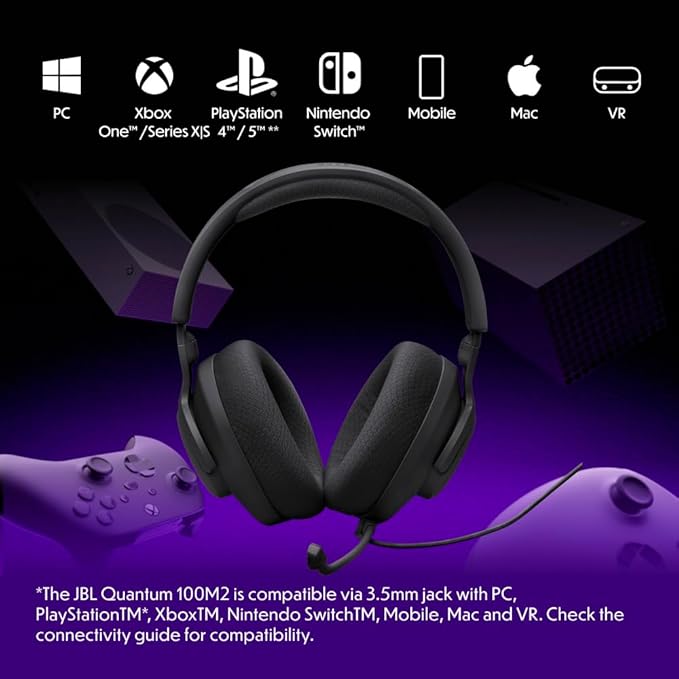 JBL Quantum 100M2 Wired Gaming Headset, Detachable Mic - Black | Memory Foam Ear Cushions And 3.5 Mm Jack Work With PC, PlayStation, Xbox, Nintendo Switch For Immersive PC Gaming Sessions