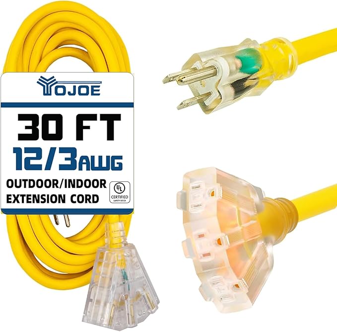 YOJOE 3-Outlets Indoor Outdoor Extension Cord with Lighted End, 3 Prong 15A Weatherproof Power Cord, 12 Gauge Heavy Duty 30 ft Yellow Extension Cord Multiple Outlets, 12/3 SJTW UL Listed