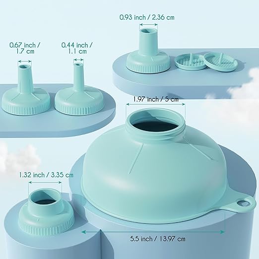 Pisol Wide Mouth Versatile Funnel, Canning Funnels for Kitchen Use, Food Grade Plastic Cooking Funnel Set with 4 Size Spouts and 2 Strainers for Filling Different Bottles and Bags, Teal