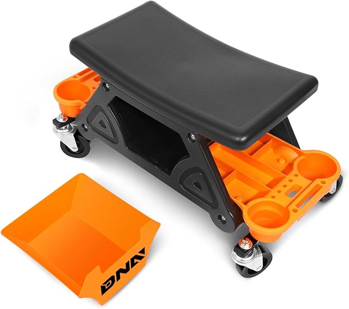 DNA Motoring TOOLS-00189 Mechanic Stool - 25-1/2" x 13" x 12" (L x H x W), Rolling Work Seat w/Lockable Swivel Wheels and Storage Tool Tray