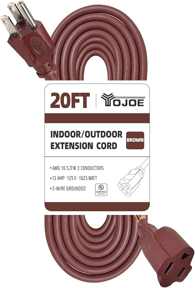 YOJOE Indoor Outdoor Extension Cord, 3 Prong 13A Weatherproof Power Cord, 16 Gauge Heavy Duty 20 ft Brown Extension Cord for Garage, Garden and Home, 16/3 SJTW UL Listed