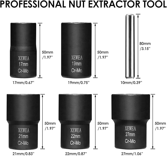 XEWEA Twist Socket Set with Center Punch Bar, 6PCS 1/2" Drive Metric Lug Nut Remover Tools for Broken, Stripped, Rounded Bolts & Nuts Screws -17mm 19mm 21mm 22mm 27mm