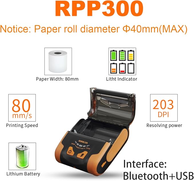 Rongta Portable 80mm POS Printer, Mobile Thermal Receipts Printer,