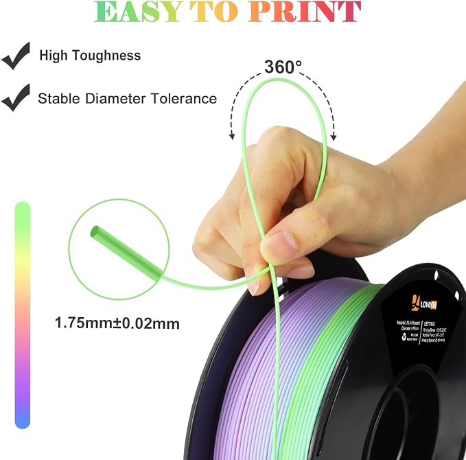 LOVOON Rainbow Gradient 3D Printing PLA Filament 1.75mm Color Shift by Length