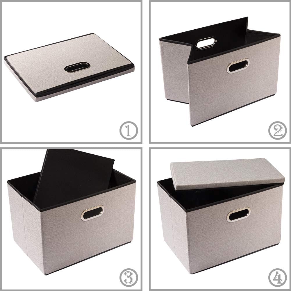 PRANDOM Foldable Storage Bin with Lid [1-Pack] Linen Fabric Decorative Storage Box Organizer Container Basket Cube with Handles Divider for Closet Office Living Room Light Grey(14.9x9.8x9.8)