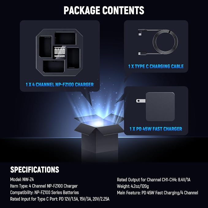 NEEWER 4 Channel USB Charger for NP-FZ100 Camera Battery Compatible
