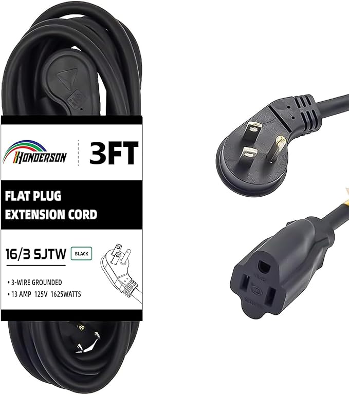 Flat Plug Indoor Extension Cord, UL Certified, 16 Gauge 3FT Black 3 Prong Heavy Duty, 16/3 SJTW 13A Power Cord for Lights, Appliances, Home