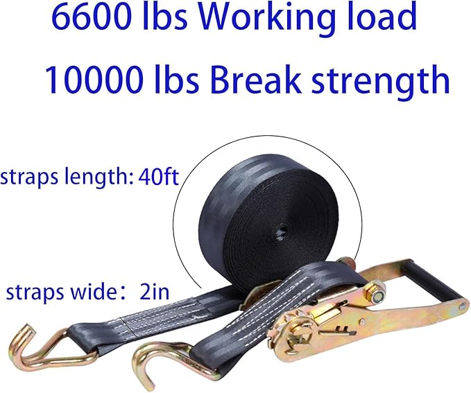 2PACK Ratchet Straps Heavy Duty, 8000 LBS Break Strength Ratchet Strap Tie Down, 2” x 40ft Black Tie-Down Ratcheting Cargo Truck Straps with Durable Double J Hook for for Truck (Black, 2IN X 40FT)