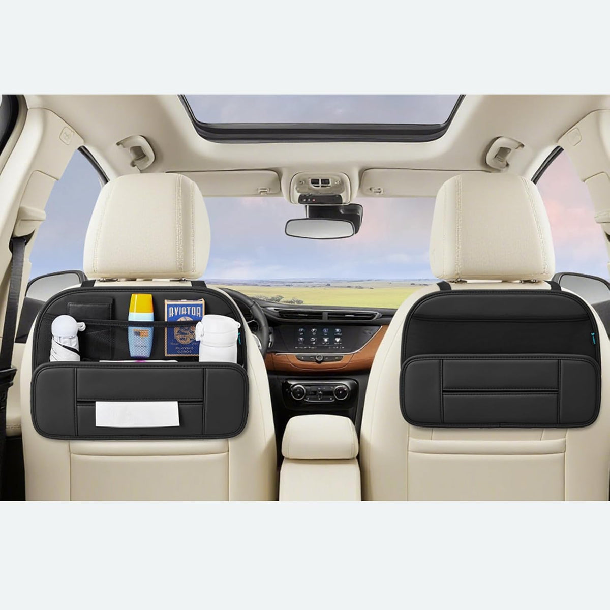 FLORICH Upgrade 5-in-1 Car Backseat Organizer, Premium Leather Headrest Seat Back Storage Pocket with Cup Holder, Foldable Hanging Car Tissue Holder 1 Pack