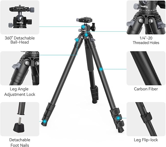 SmallRig AP-10 Carbon Fiber Tripod, 52.4" Lightweight Compact Camera Tripod