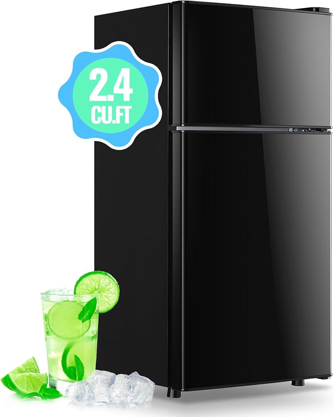 45L Mini Fridge with Freezer & Double Door Small Size Tiny Refrigerator with 7 Temperature Control Knob Only Suitable for One Person Use Black