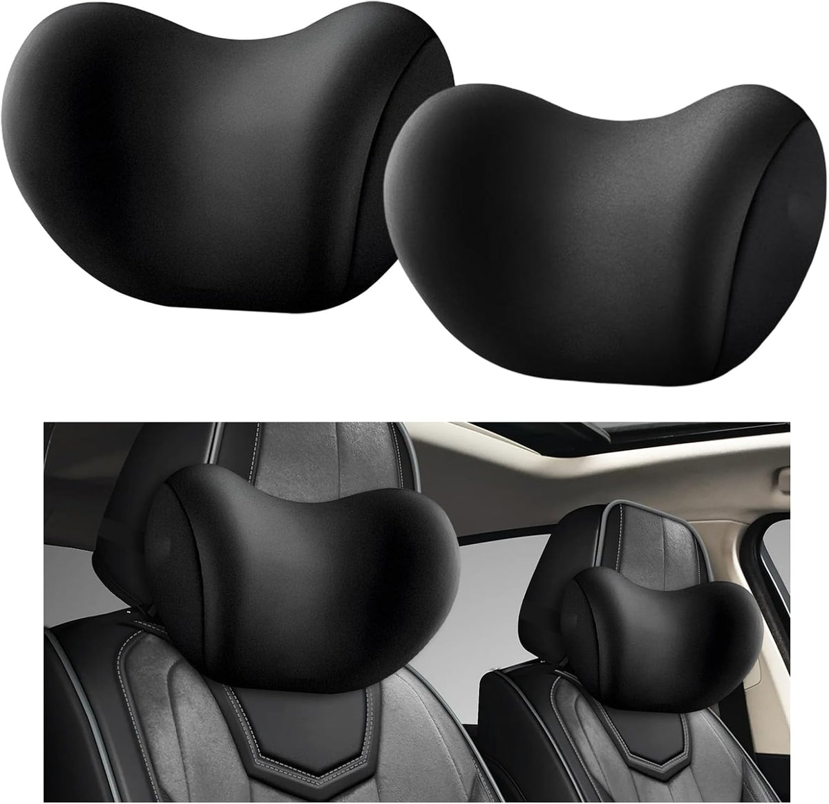 Car Headrest & Lumbar Support Cushion, Ergonomic Memory Foam Car Neck Back Support w/Removable Cover, Universal Breathable Lumbar Cushion Headrest Pillow with Adjusatble Strap (Black)