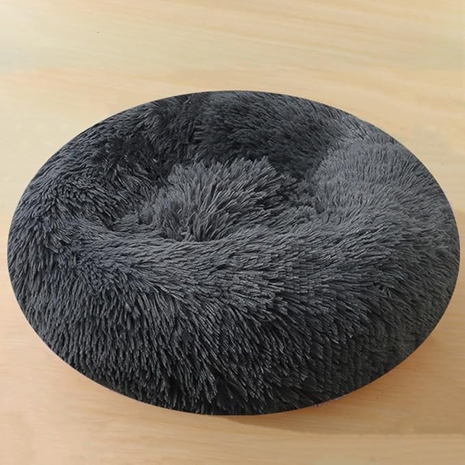 Calming Large Dog Bed & Cat Bed, 43 Inch Anti-Anxiety Donut Dog Cuddler Cat Bed, Warming Cozy Soft Dog Round Bed, Fluffy Faux Fur Machine Washable Pet Cushion for Medium Dogs & Cats (Dark Grey)