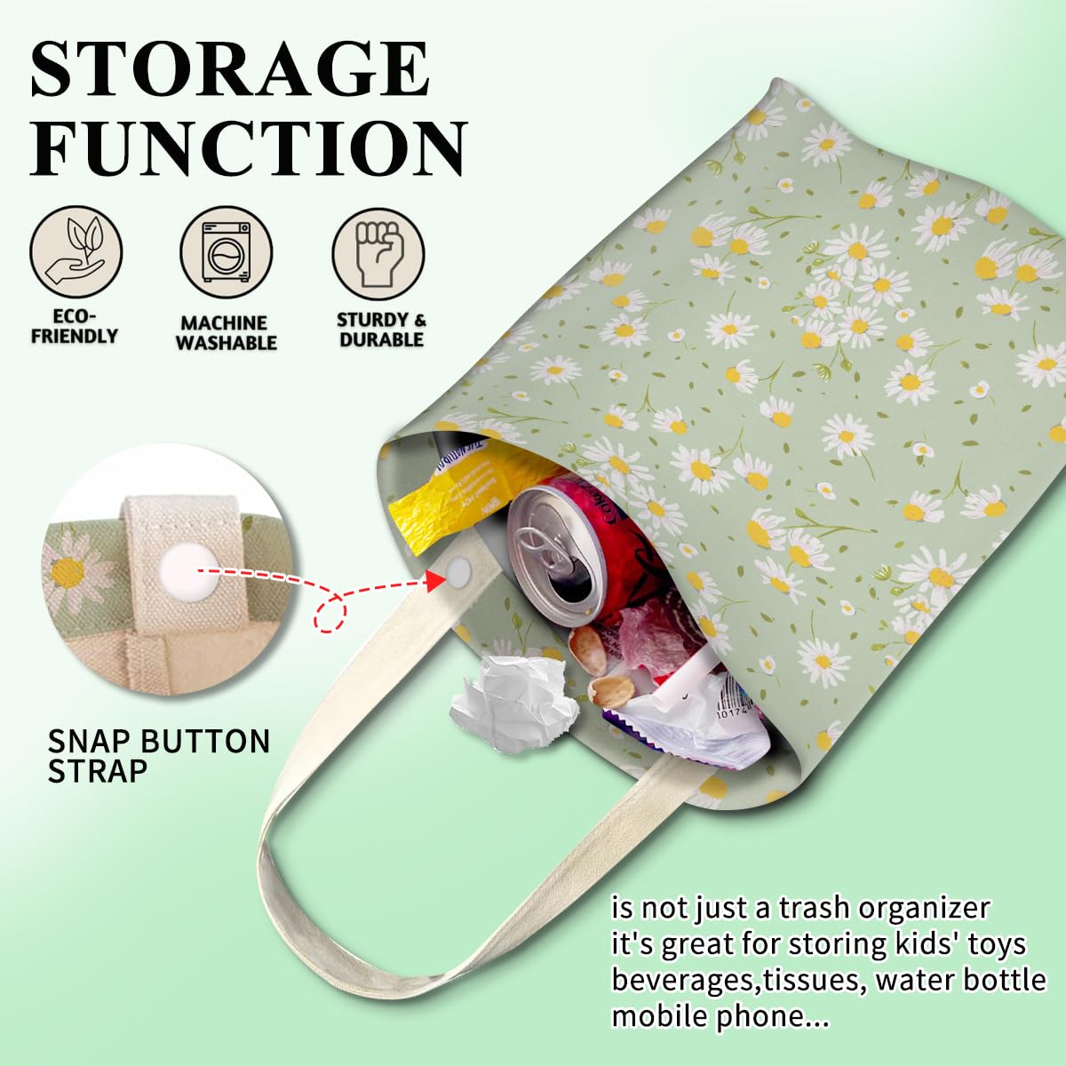 Car Trash Can, Cute Car Trash Bag, Hanging Car Organizer and Storage Bag, Trash Bin for Car Accessories, Vehicle, Travelling, Camping Cute Green White Daisy