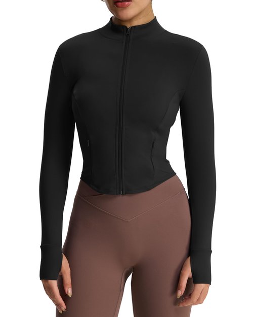 Aoxjox Women's Geo Full Zip Velura Jacket Workout Buttery Soft PlushFlex™ Long Sleeve Thumbhole with Pocket Cardigan (Black, Small)