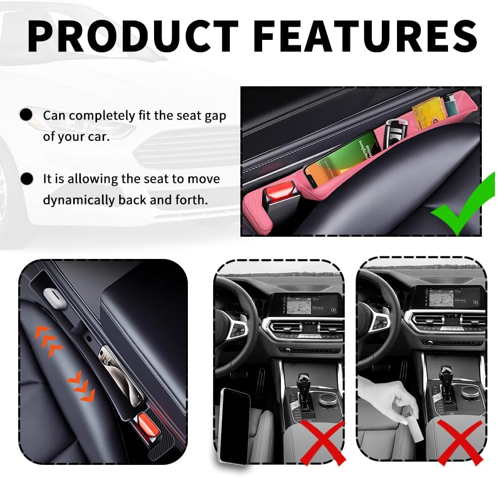 2PCS New Car Seat Gap Filler with 2 Storage Areas,Stylish Car Seat Gap Storage for Stabilizing Phone,Keys Wallet,Universal Car Seat Gap Filler Organizer (Carbon Pink)