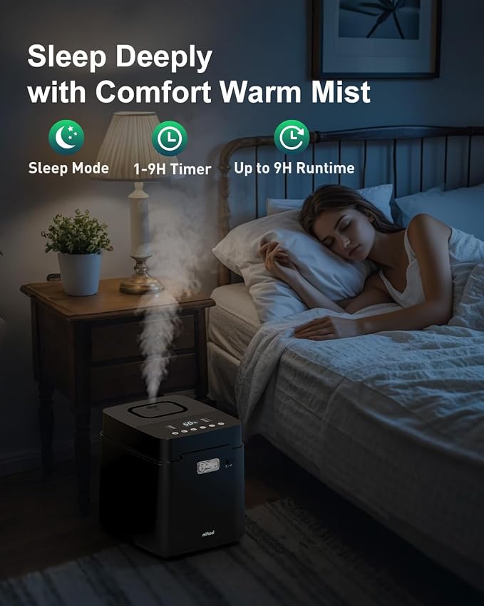 Mifasol Stainless Steel Humidifier, 3.3L Warm Mist Humidifiers for Bedroom, Easy Clean Steam Humidifiers for Home, Dishwasher Safe Humidifier Large Room, Black