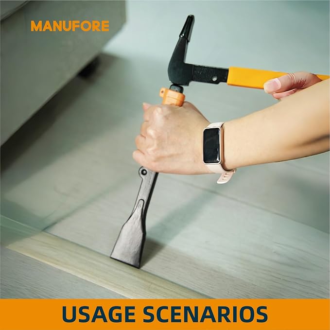MANUFORE 4pcs Pry Bar Nail Puller Set, 12” Flat Pry Bar, 7.5” Flat Pry Bar, 12” Crow Bar with Hammer, 9” Chisel (Orange)
