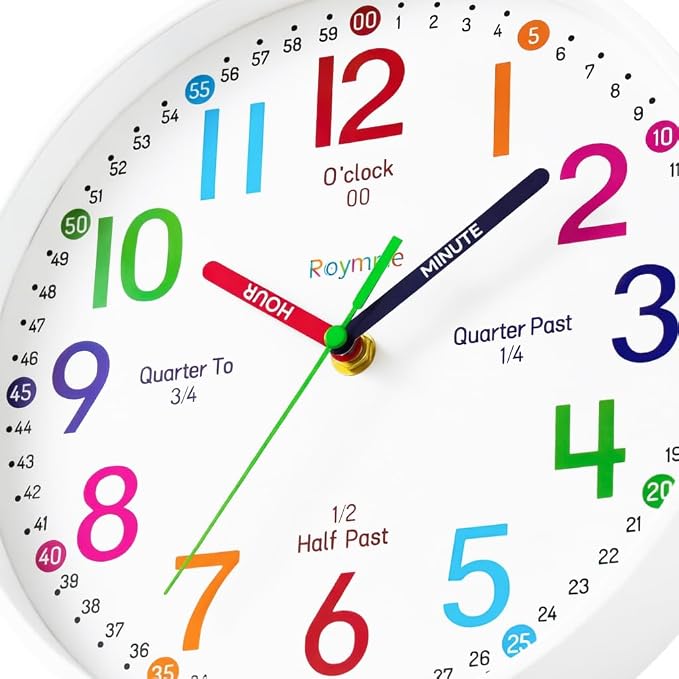 Roymnie Wall Clock 8 Inch for Kids Learning to Tell Time Easily Non Ticking