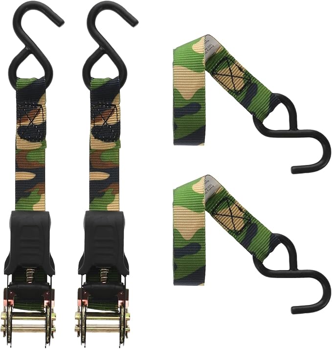 HME Durable Reliable Versatile Weather-Resistant Camouflage Ratchet 1500 lb Capacity 1' x 8' Tie-Down Straps - 4 Pack