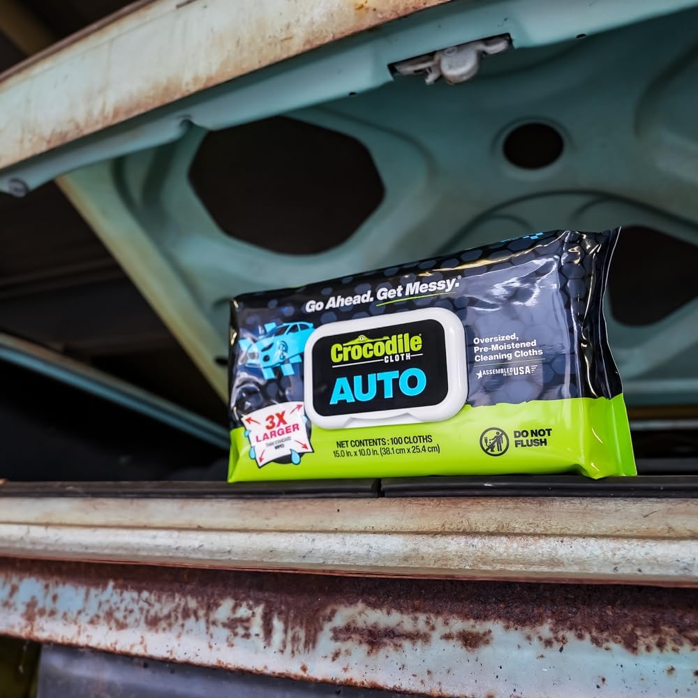 Crocodile Cloth Auto Cleaning Wipes – 100 XL (15" x 10") Disposable Wipes for Car Engine Degreasing, Body Detailing & Tire Cleaning – Cuts Grease, Oil, Adhesives on Hands, Tools, Parts & More
