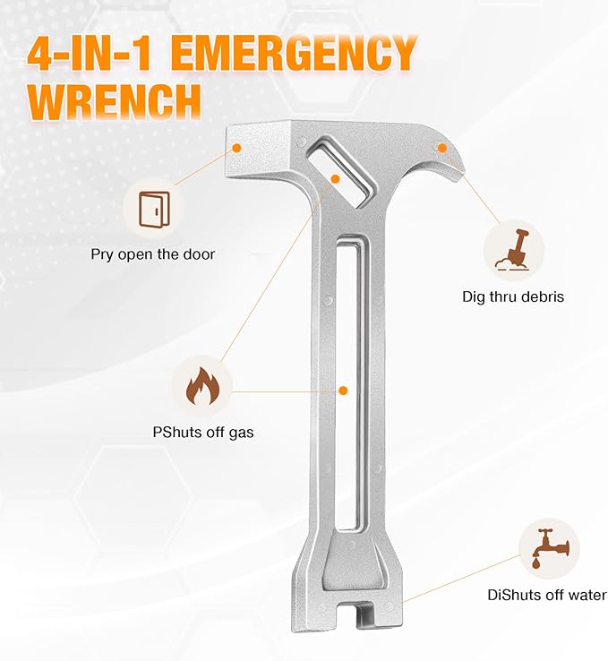 4-in-1 Emergency Tool – Gas & Water Shut Off Wrench, Non-Sparking Pry Bar, Earthquake Survival – Firefighter-Designed, Heavy-Duty Alloy (silver)