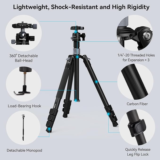 SmallRig AP-20 Carbon Fiber Tripod, 62.2" Camera Tripod Monopod