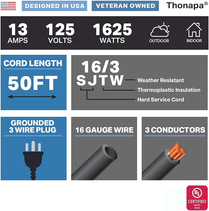 Thonapa 13 Amp Outdoor Extension Cord 50 ft, 2 Pack, 16/3 SJTW 50 Foot Black Extension Cord 3 Prong Multi Pack, Weatherproof ExteriorPower Cable for Outdoor Lights, Landscaping, Lawn, UL Certified