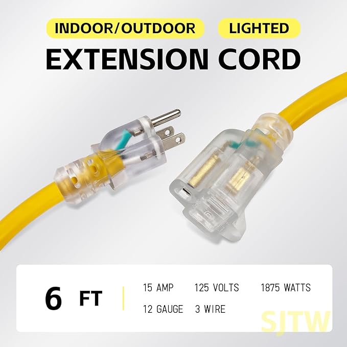 EP 6 ft Lighted Outdoor Extension Cord - 12/3 SJTW Heavy Duty Yellow Extension Cable with 3 Prong Grounded Plug - 15AMP Power Cord for Lawn, Garden, Appliances