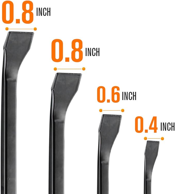 REXBETI Pry Bar Set, 8", 12", 18" and 24" Heavy Duty Pry Bar 4-Piece Mechanic Hand Tools, Thicker Strike Cap Handle, Black Orange