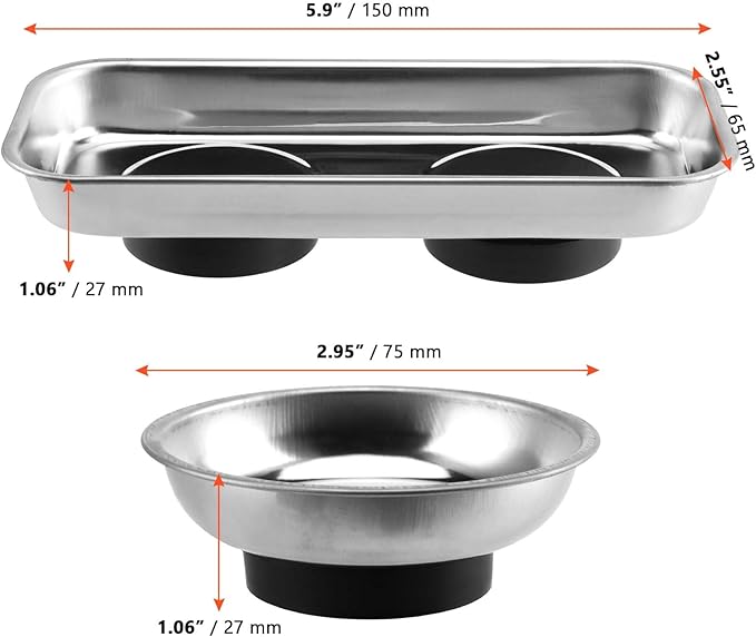 SINJEUN 10 Pieces Rectangle Magnetic Part Tray, 2 Sizs Magnetic Tray Set 6x2.55x1 and 2.95x1 Inch Stainless Steel Magnetic Tray Holder for Screws, Nut, Bolt and Metal Part