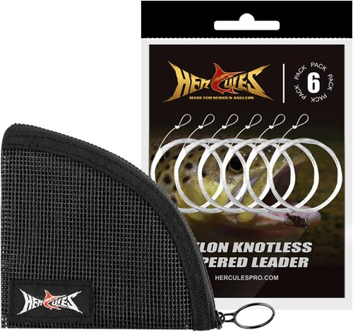 HERCULES Pre-Tied Loop Fly Fishing Leaders - 6 Pack with Tapered Leader Wallet for Easy Storage