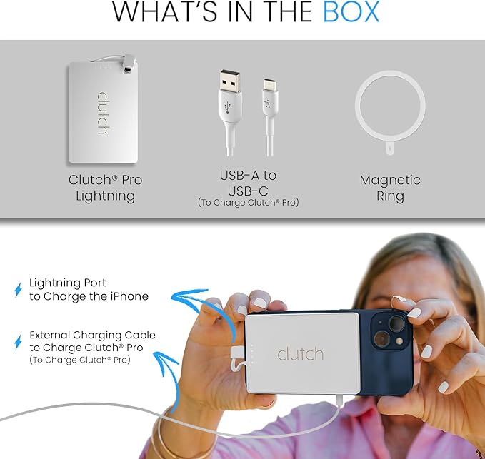 Clutch Pro – World's Thinnest iPhone Charger – Portable Power Bank 5000mAh – Magnetic Built-in Lightning Cable – TSA Approved Travel Charger – iPhone 14 & Earlier – White