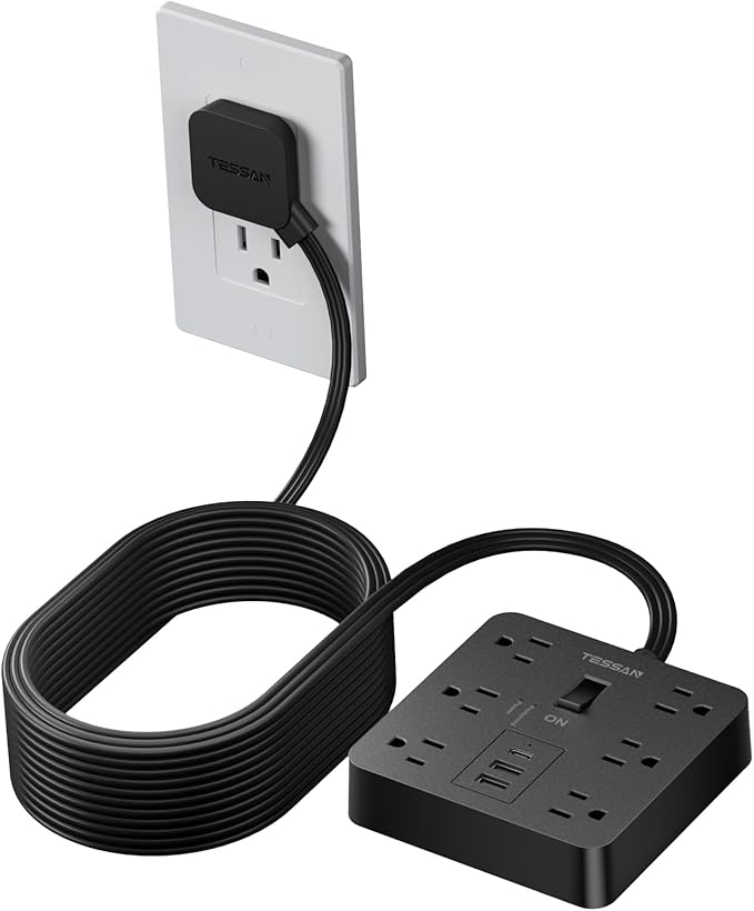 TESSAN Surge Protector Power Strip, Flat Plug Extension Cord 15 Ft with 6 Outlets and 3 USB (1 USB C) Ports, 1700J Protection, Desktop Black Long Power Cord for Indoor Home Office School Dorm Room
