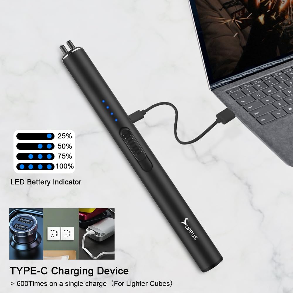SUPRUS Electric Arc Lighter - Windproof & Flameless USB Rechargeable with Safety Lock | Black